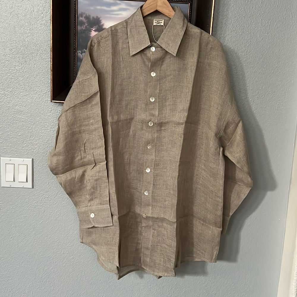 INDIGO SWIMWEAR 100% Linen Button Down Shirt Coverup Solid Khaki Tan Large